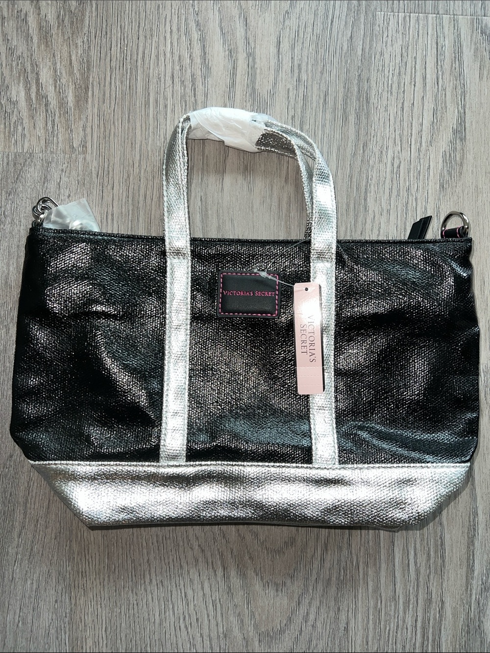 NWT Mini Victoria's Secret Black Tote with Silver Metallic Trim